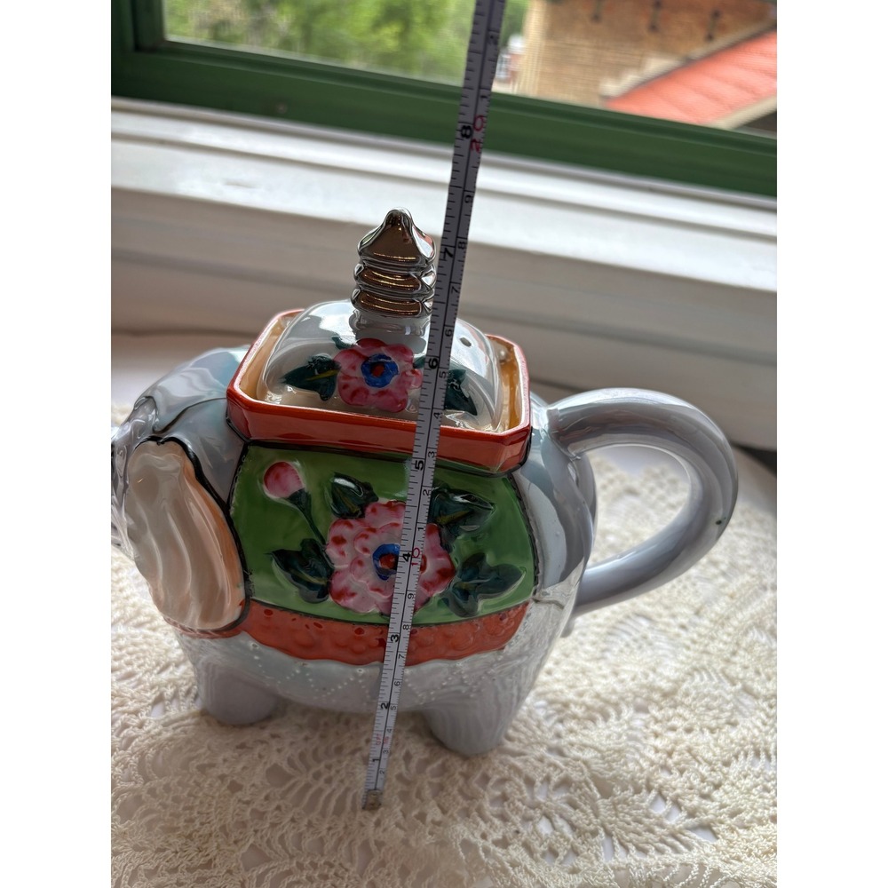 Vintage Elephant Teapot Ceramic Iridescent Luster Glaze Floral Grey Boho Decor - Picture 3 of 8